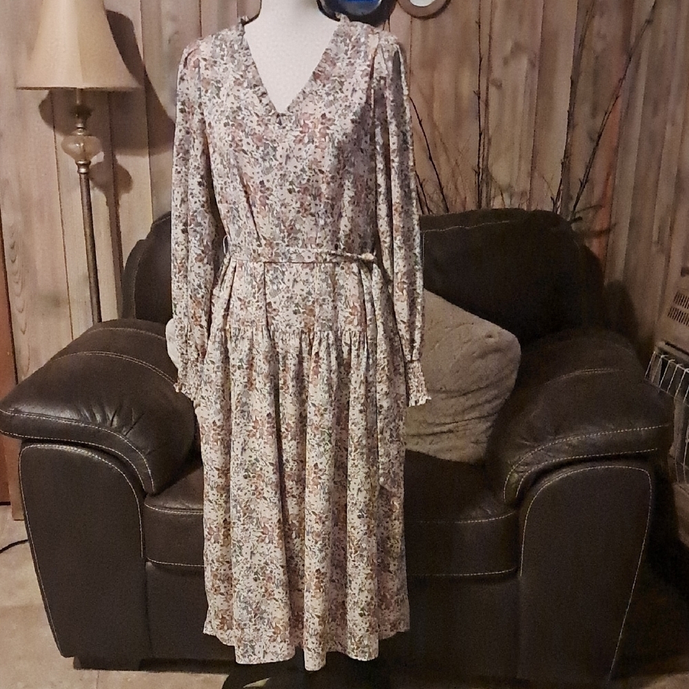 Bohme Ditsy Floral Long Sleeve Dress Midi Size M Cottagecore Boho Prairie